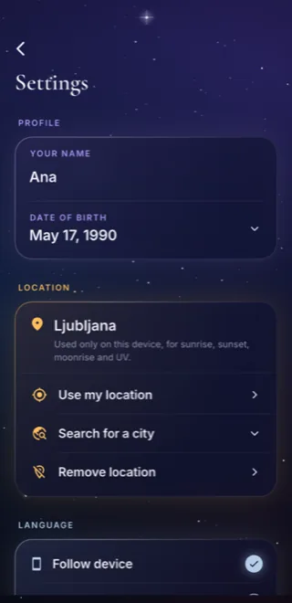 Biorythm settings screen with the Delete my data option